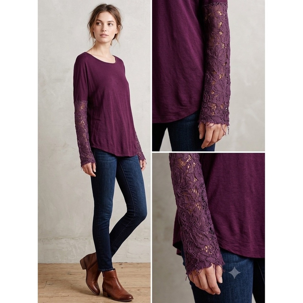 Bordeaux Anthropologie Purple Lace Sleeve Knit Top Scoop Neck Small